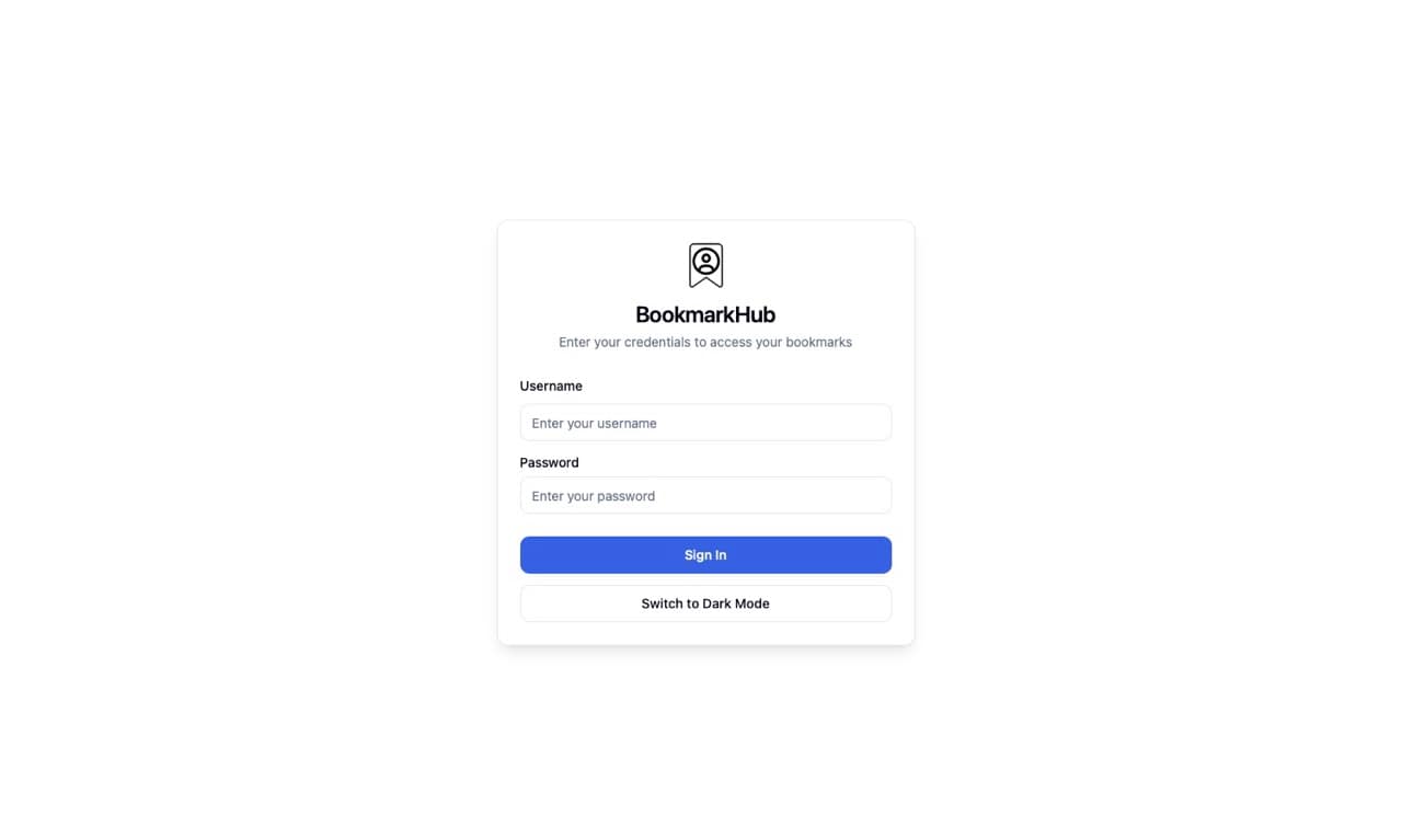 BookmarkHub login screen