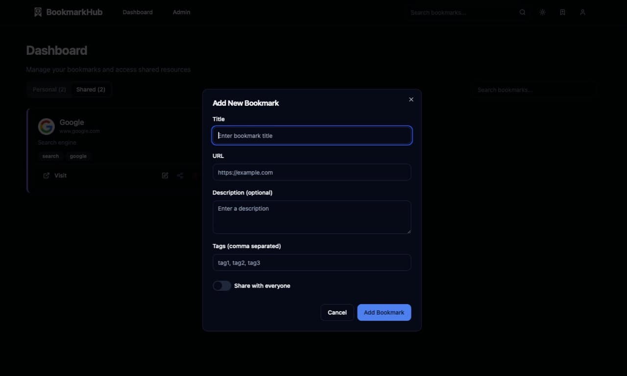 BookmarkHub adding bookmarks dark mode
