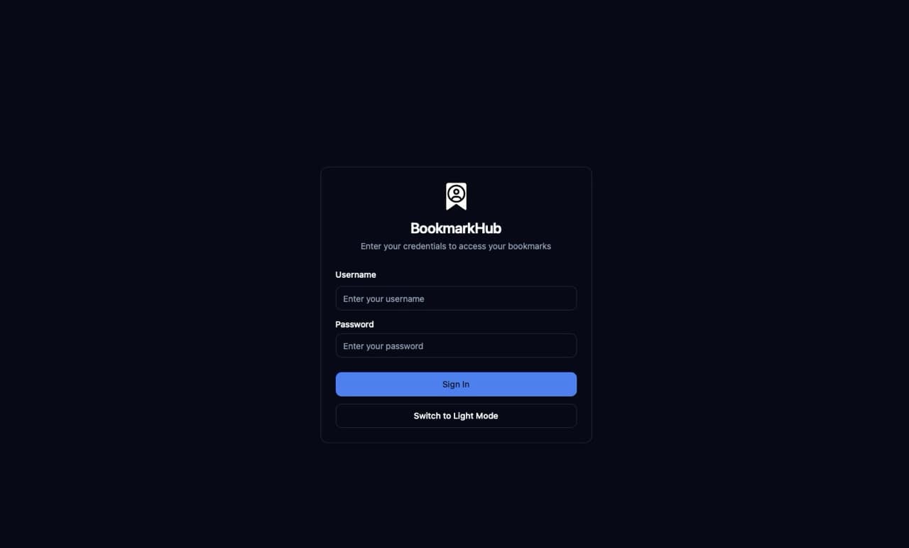 BookmarkHub login screen dark mode